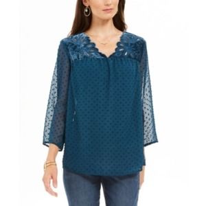Style & Co Sheer-Sleeve Blouse, Eyelet Kale Green, Size XS